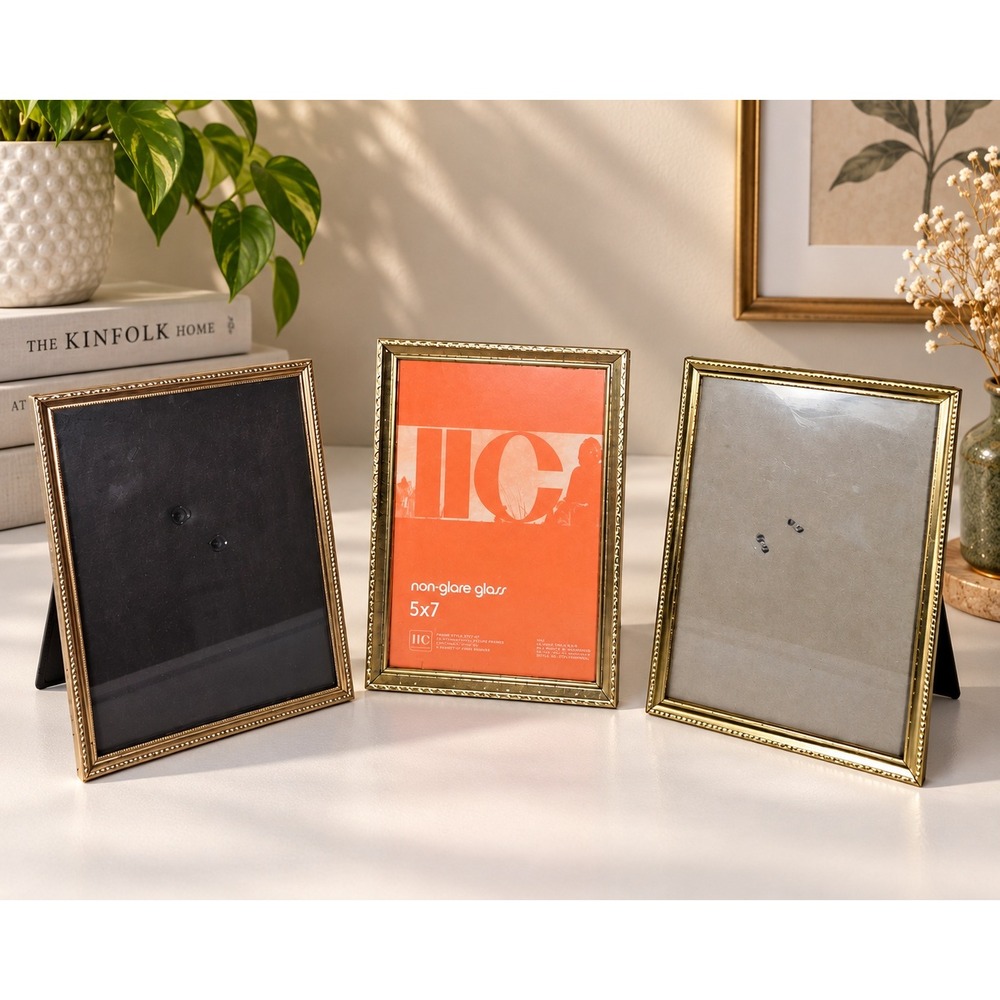 Vintage Picture Frame Set 5x7 Gold Ornate Metal Non-Glare Glass 3 Piece